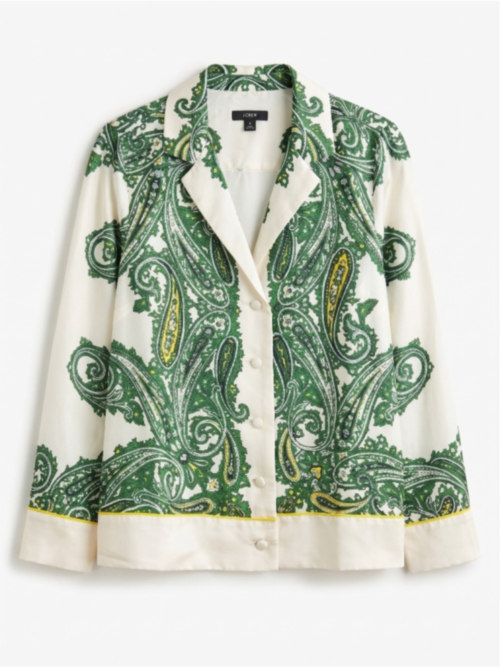 J.CREW Drapey Button-up Paisley Green Cream Satin Loose Fitting Blouse, Sz S